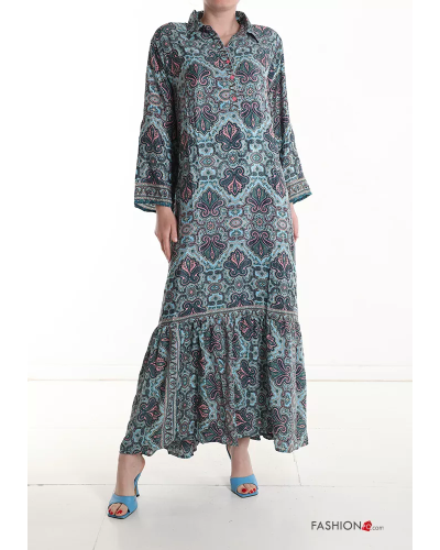 Robe en Soie longue à collet imprimé à volants à boutons