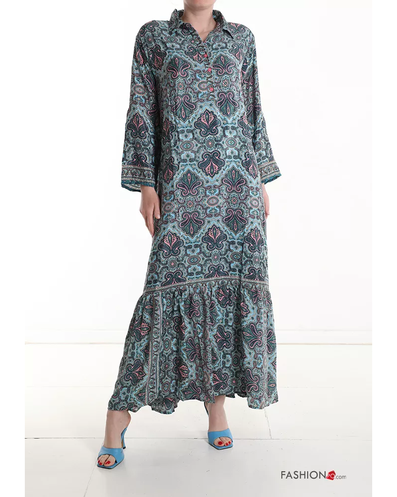 Robe en Soie longue à collet imprimé à volants à boutons