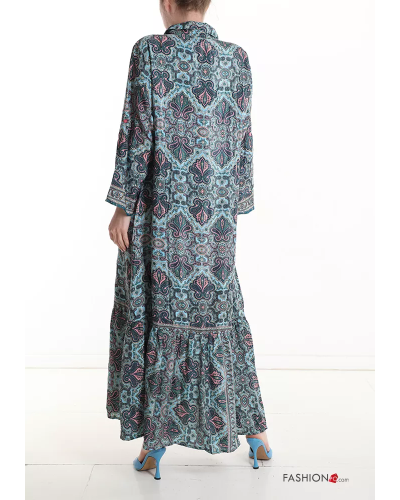 Robe en Soie longue à collet imprimé à volants à boutons