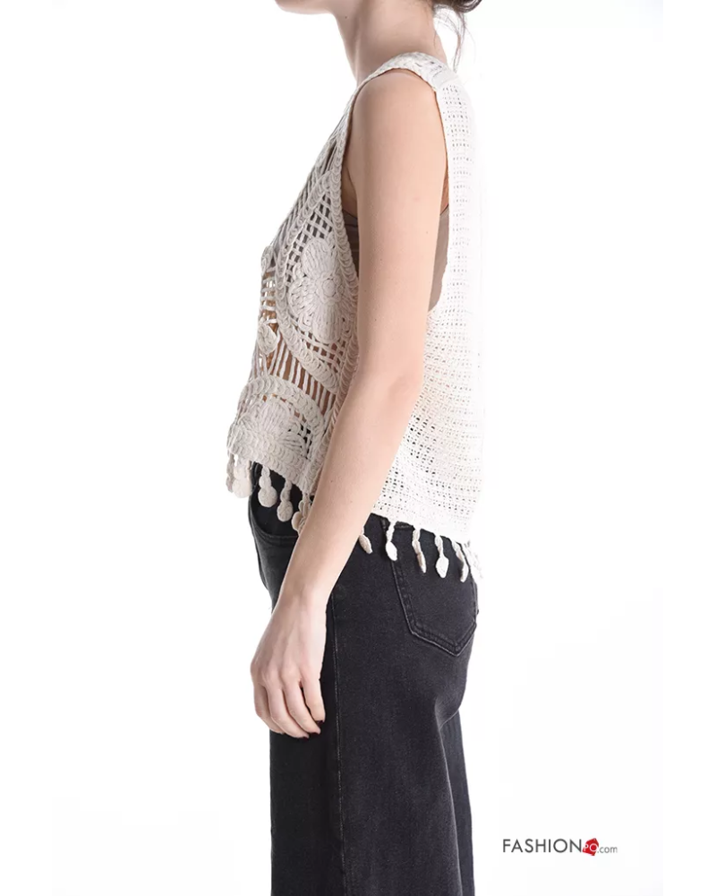 Top en Coton sans manches au crochet à broderie à boutons à franges à col en V
