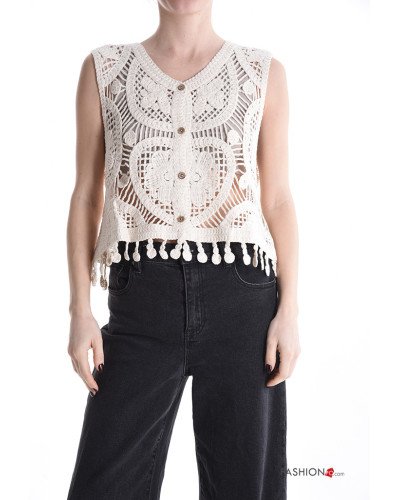 Top en Coton sans manches au crochet à broderie à boutons à franges à col en V