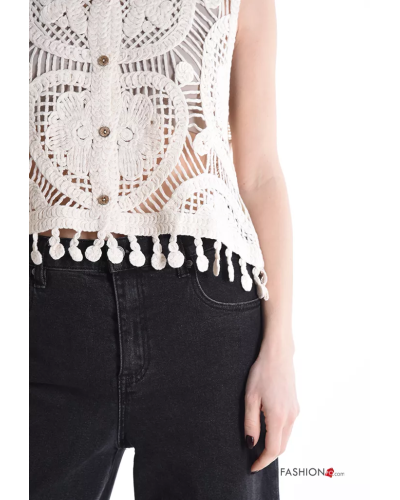 Top en Coton sans manches au crochet à broderie à boutons à franges à col en V