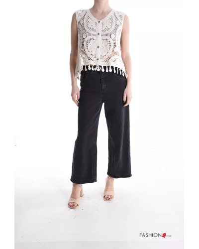Top en Coton sans manches au crochet à broderie à boutons à franges à col en V