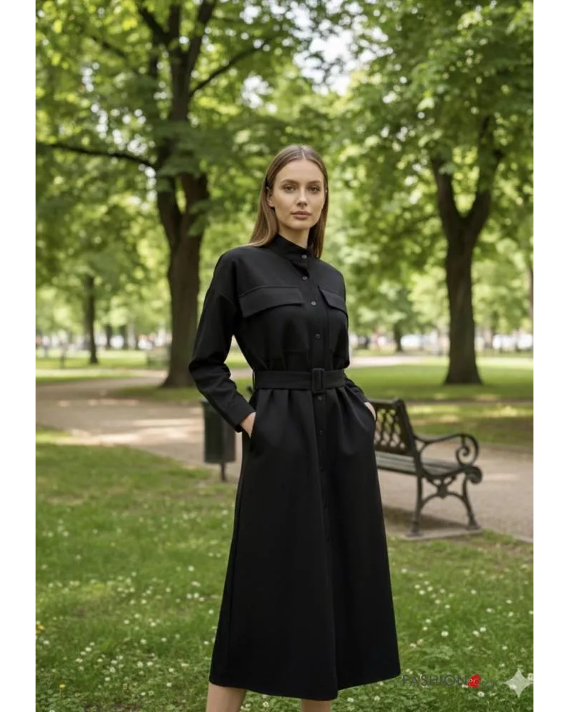 Robe manches longues à boutons avec ceinture en tissu