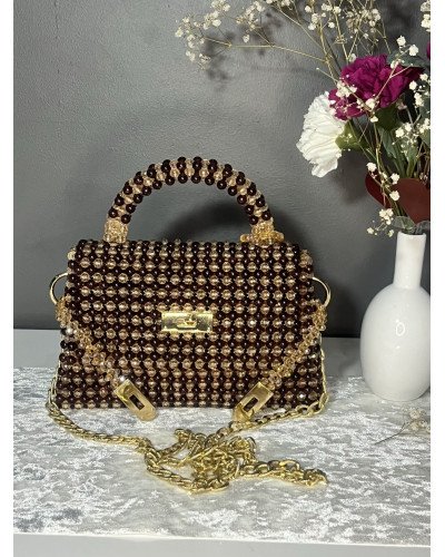 Sac perles marron et or fait main
