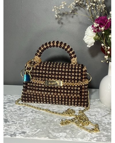 Sac perles marron et or fait main