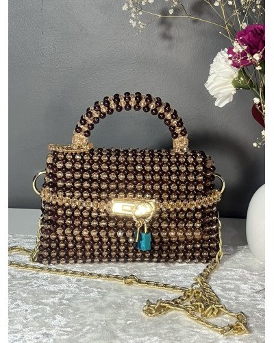 Sac perles marron et or fait main
