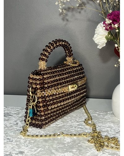 Sac perles marron et or fait main