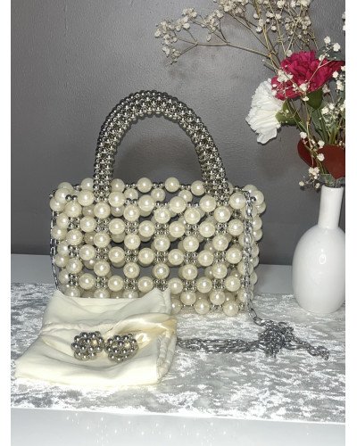 Sac à main en perles ivoire et argenté